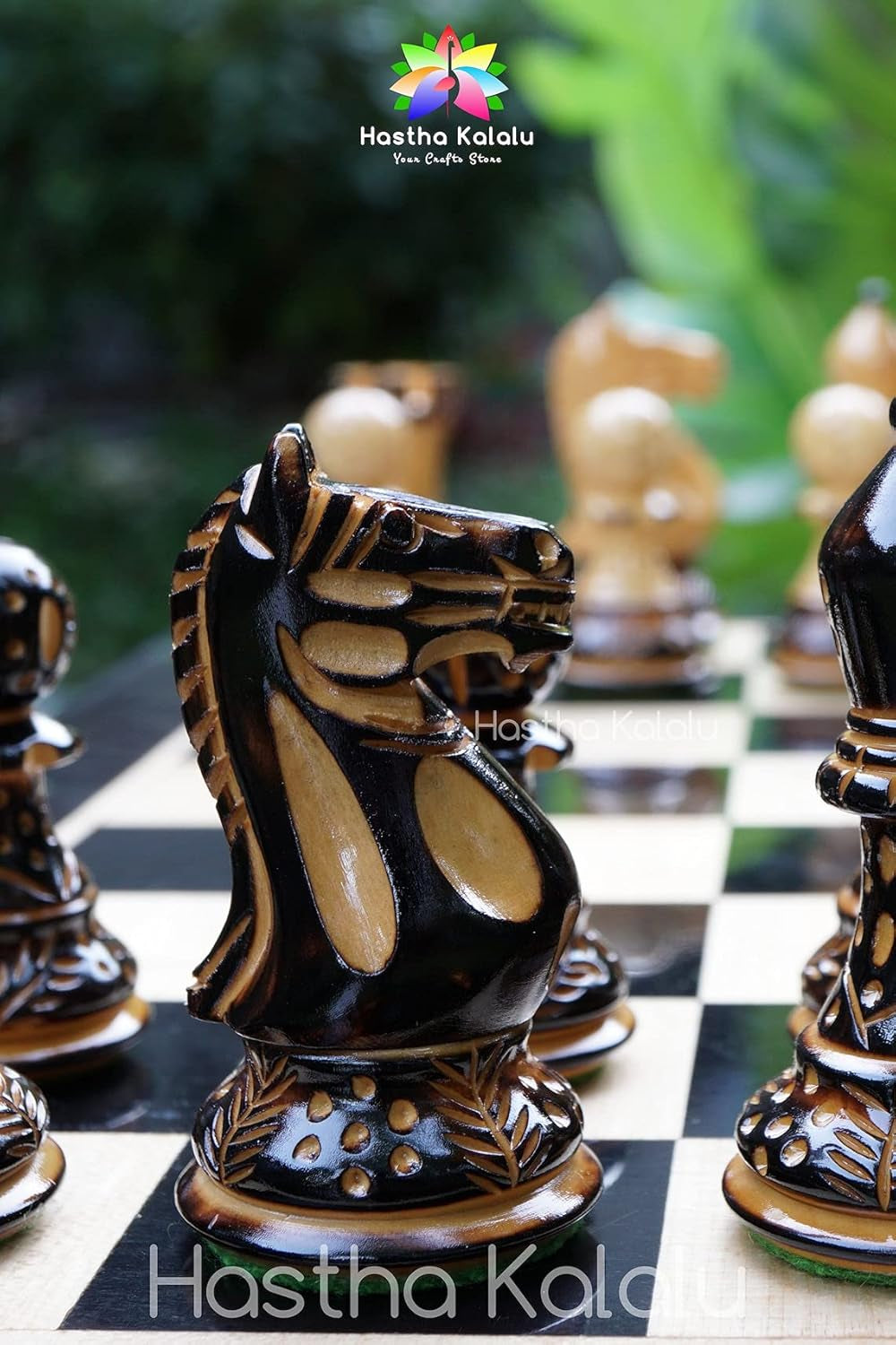 Staunton Style Chess Set - Hand Carved Burnt Style British Staunton Tournament Series Chess Pieces - Wood with Extra Queen