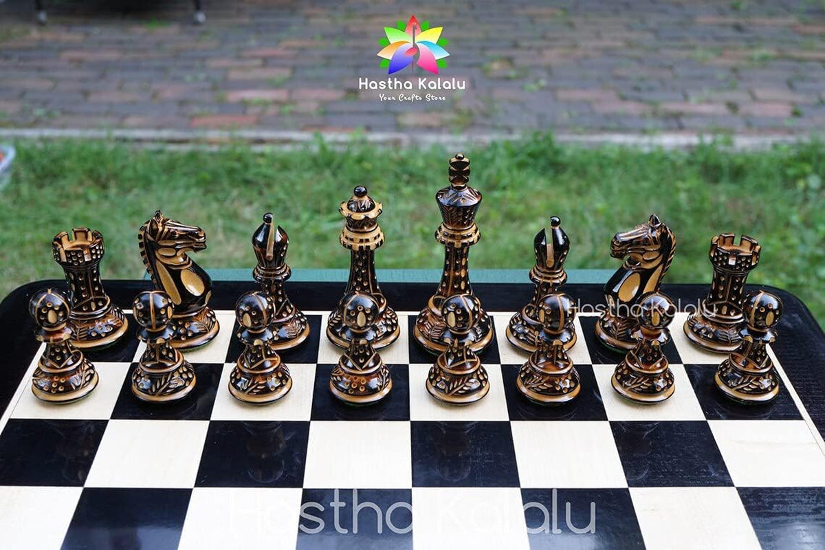 Staunton Style Chess Set - Hand Carved Burnt Style British Staunton Tournament Series Chess Pieces - Wood with Extra Queen