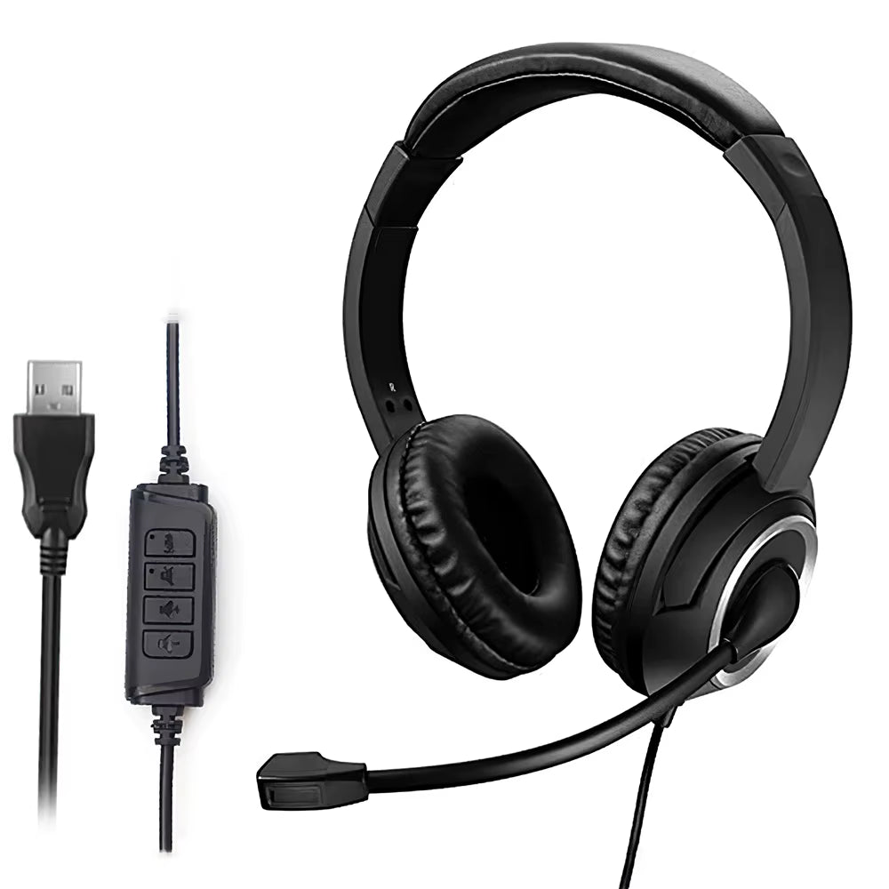 Wired USB Headset Call Center Headphones with Microphone Noise Cancelling over Gaming Over-Ear Headsets for Computer PC Laptop