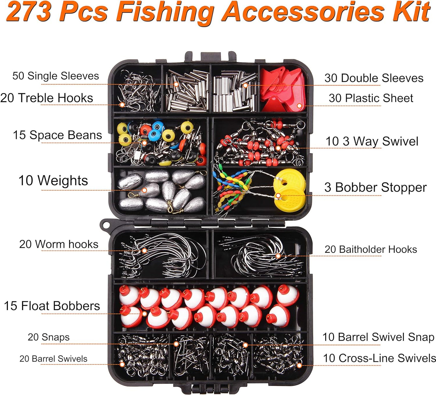 Fishing Accessories Tackle Kit Box-Sinker Weights, Crossline Barrel Swivel, Swivel Snap, Hooks, Sinker Slides, Fishing Bead with Tackle Box