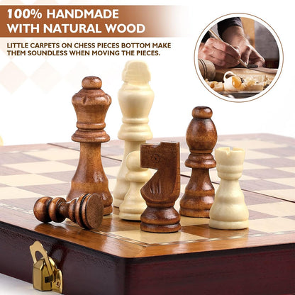 Magnetic Wooden Chess Set - 2 Extra Queens, Travel Folding Chess Board Game Set with Storage Slots, Handmade Staunton Wood Chess Pieces 13.78", Christmas Chess Gifts for Men Women