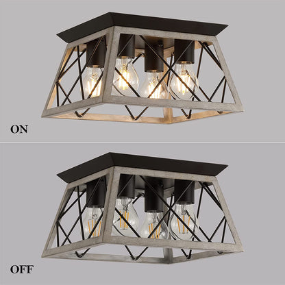 Farmhouse Ceiling Light Oak Semi Flush Mount Vintage 4-Light Square Rustic Island Light Fixtures for Entryway Hallway Dining Room Living Room Bedroom