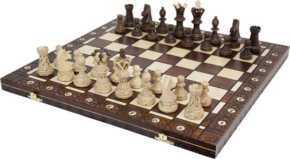 Handmade European Ambassador Chess Set - Wooden 21 Inch Beech & Birch Board with Felt Base - Carved Hornbeam & Sycamore Wood Chess Pieces