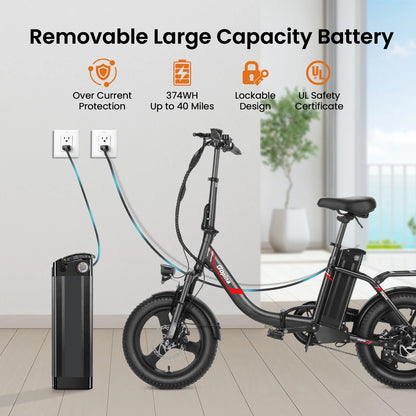 Electric Bike 16" X 3.0 Fat Tire Electric Bike 48V 350W Adult Folding Electric Cruiser Bike Step-Through Electric Bike 19.8MPH Commuter Electric Bike, UL2849 Certified