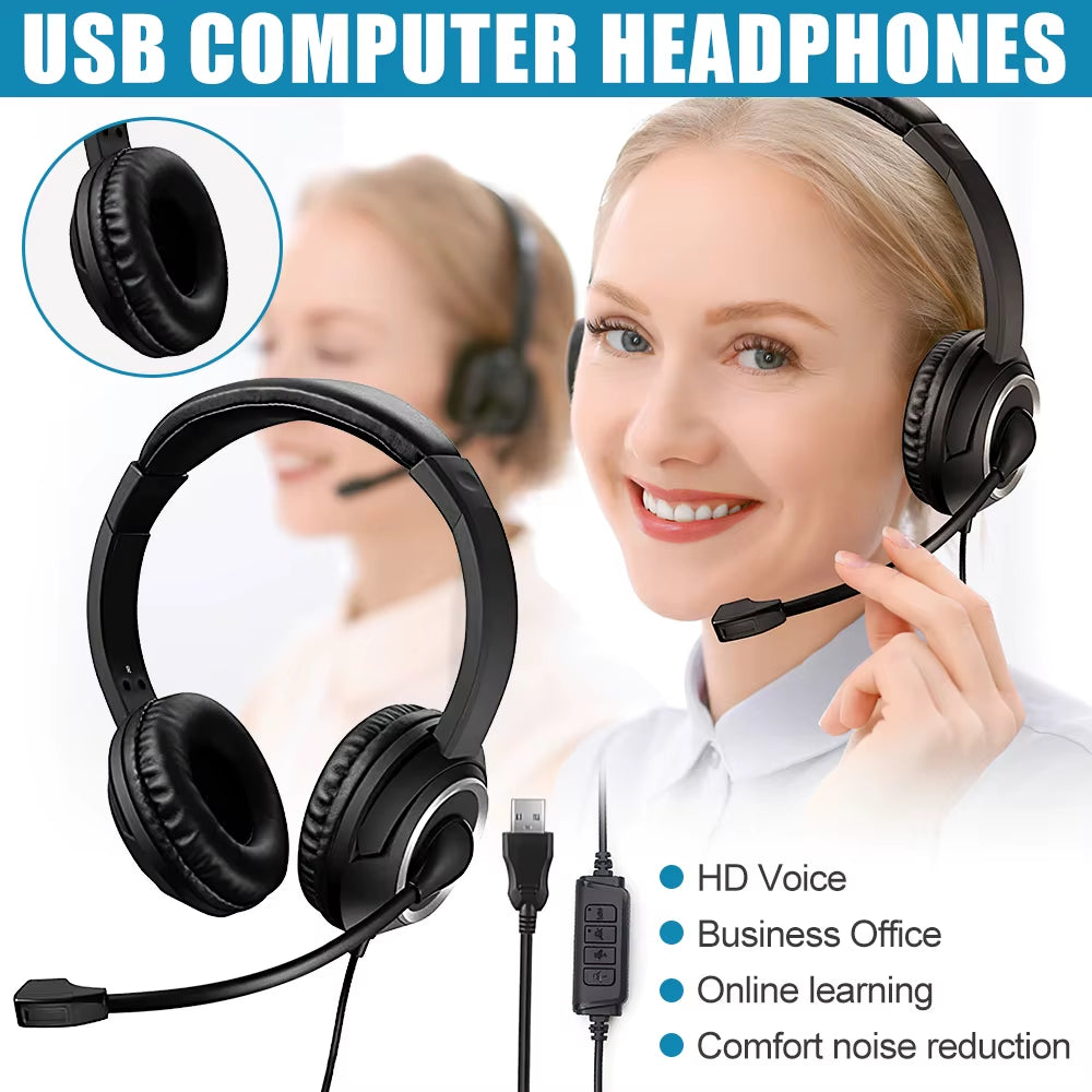 Wired USB Headset Call Center Headphones with Microphone Noise Cancelling over Gaming Over-Ear Headsets for Computer PC Laptop