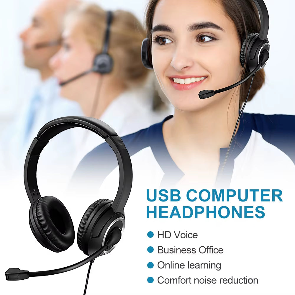 Wired USB Headset Call Center Headphones with Microphone Noise Cancelling over Gaming Over-Ear Headsets for Computer PC Laptop