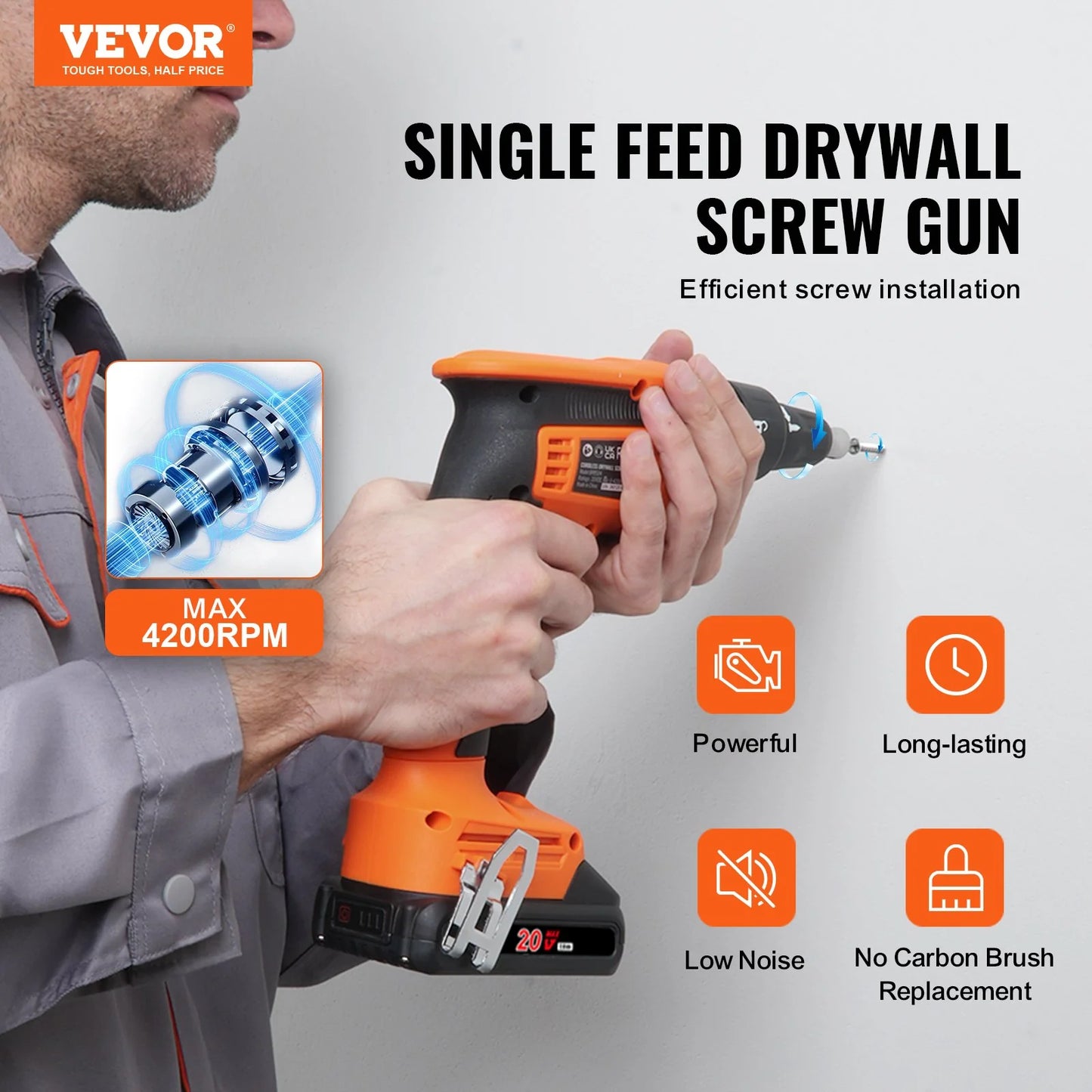 VEVOR Drywall Screw Gun, 20V Max Drywall Screwgun, 4200RPM Brushless Cordless Drywall Gun Kit with 2 Battery Packs, Charger, Belt Clip, and Tool Bag, Forward and Reverse Adjustable, Built-In LED Light