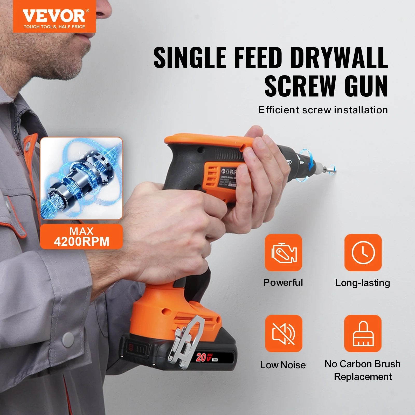 VEVOR Drywall Screw Gun, 20V Max Drywall Screwgun, 4200RPM Brushless Cordless Drywall Gun Kit with 2 Battery Packs, Charger, Belt Clip, and Tool Bag, Forward and Reverse Adjustable, Built-In LED Light