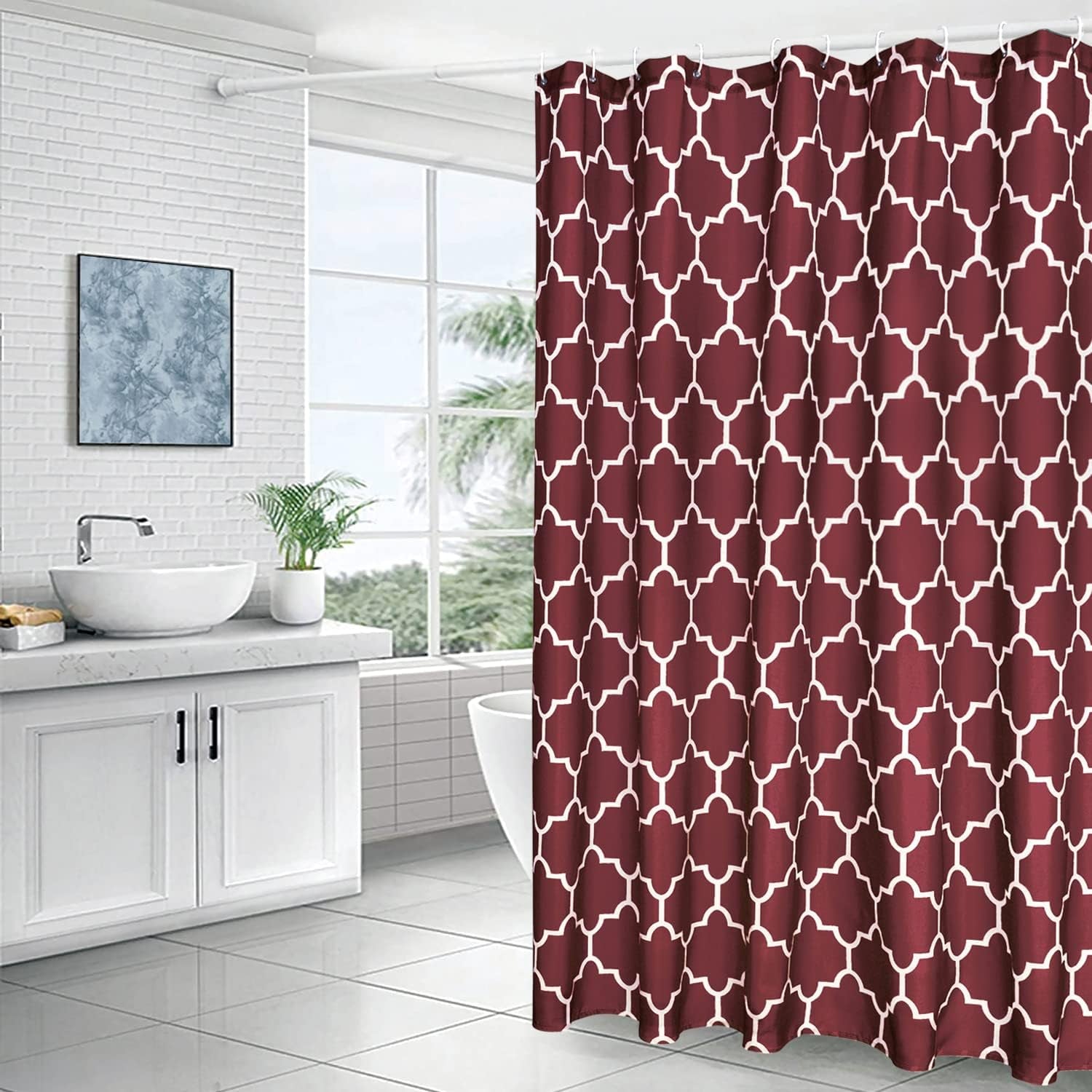 Geometric Shower Curtain for Bathroom - Fabric Textured Moroccan Waterproof Bathroom Curtain with 12 Hooks, 70 X 72 Inch Burgundy