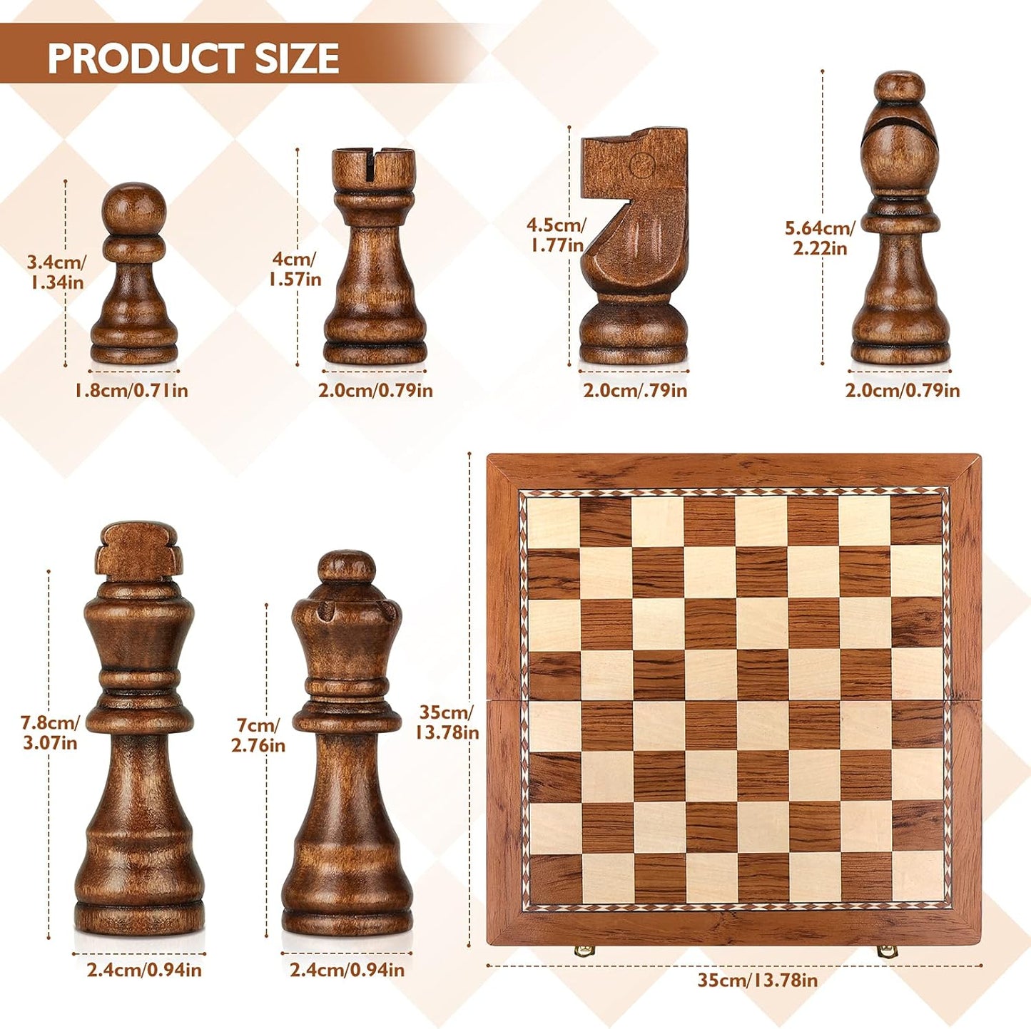 Magnetic Wooden Chess Set - 2 Extra Queens, Travel Folding Chess Board Game Set with Storage Slots, Handmade Staunton Wood Chess Pieces 13.78", Christmas Chess Gifts for Men Women