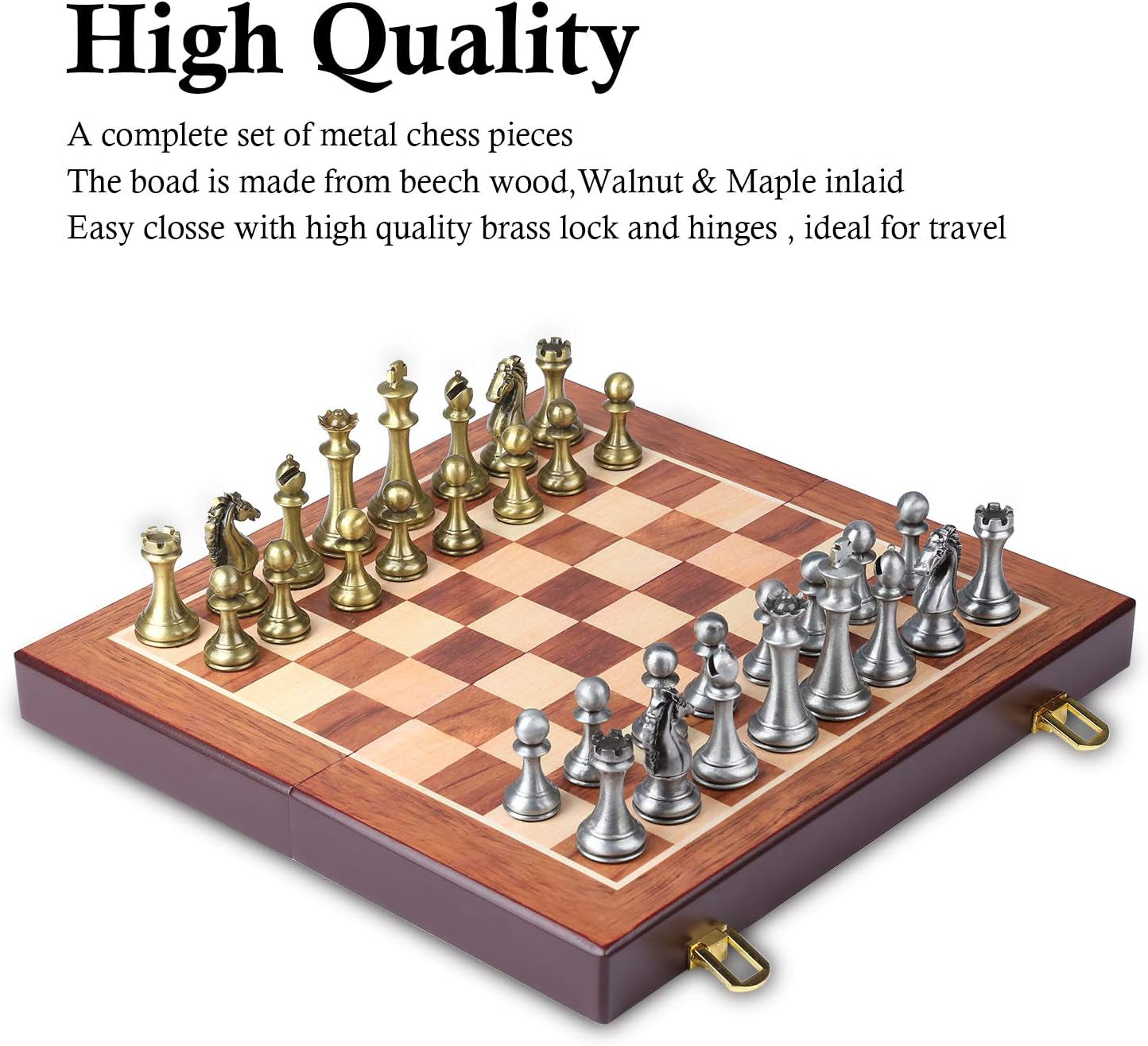 Metal Chess Board Game for Adults and Kids - Wooden Folding Travel Chess Board with Metal Pieces - Ideal for Beginners and Professional Players