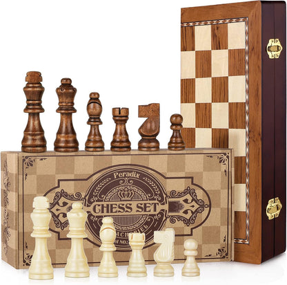 Magnetic Wooden Chess Set - 2 Extra Queens, Travel Folding Chess Board Game Set with Storage Slots, Handmade Staunton Wood Chess Pieces 13.78", Christmas Chess Gifts for Men Women