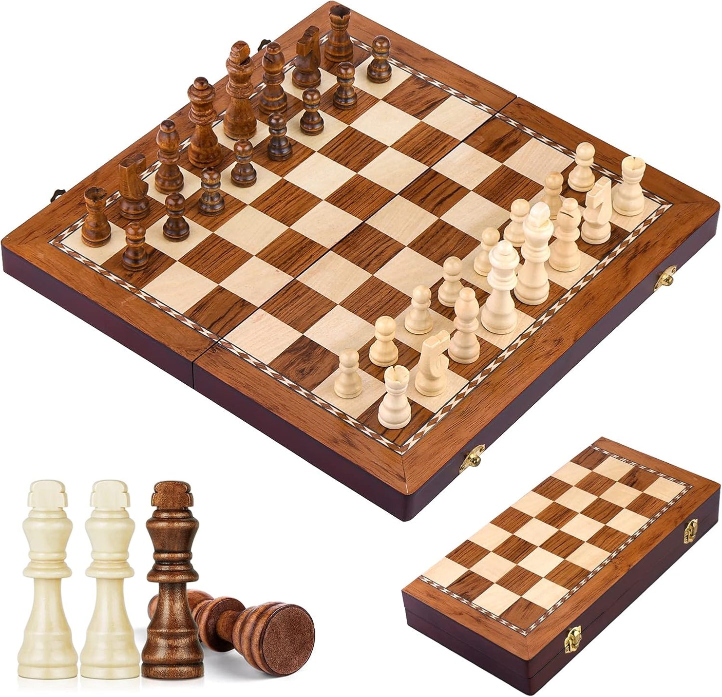 Magnetic Wooden Chess Set - 2 Extra Queens, Travel Folding Chess Board Game Set with Storage Slots, Handmade Staunton Wood Chess Pieces 13.78", Christmas Chess Gifts for Men Women