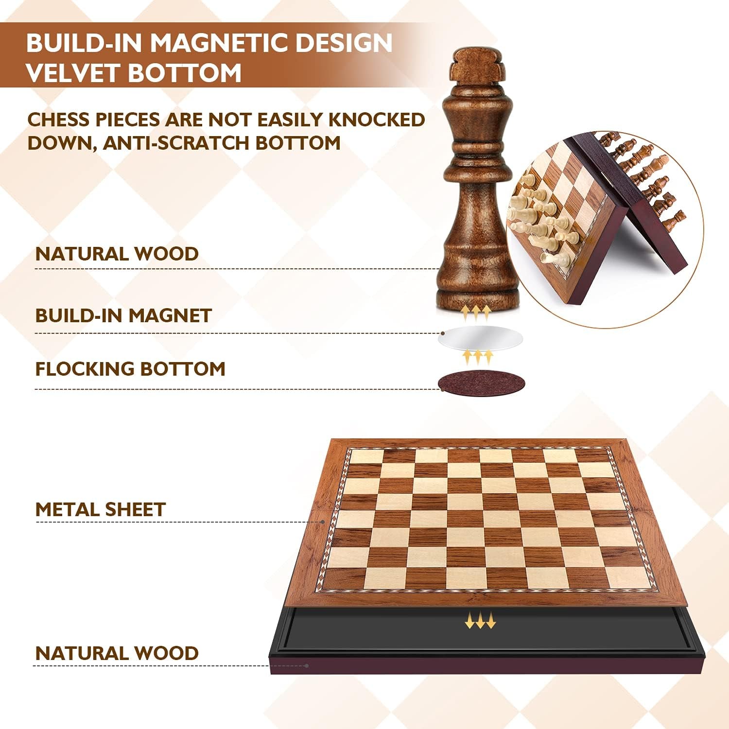 Magnetic Wooden Chess Set - 2 Extra Queens, Travel Folding Chess Board Game Set with Storage Slots, Handmade Staunton Wood Chess Pieces 13.78", Christmas Chess Gifts for Men Women