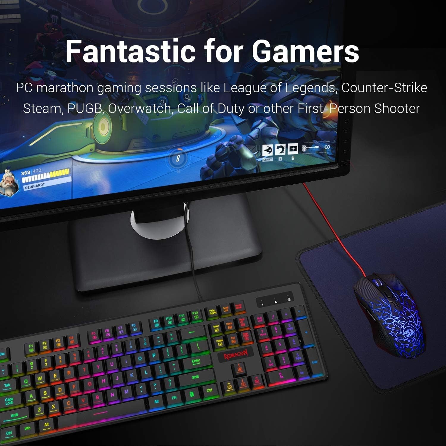 S107 Gaming Keyboard and Mouse Combo Wired Mechanical Feel RGB LED Backlit Keyboard 3200 DPI Gaming Mouse for Windows PC (Black)