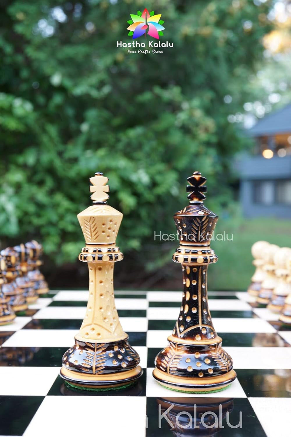 Staunton Style Chess Set - Hand Carved Burnt Style British Staunton Tournament Series Chess Pieces - Wood with Extra Queen