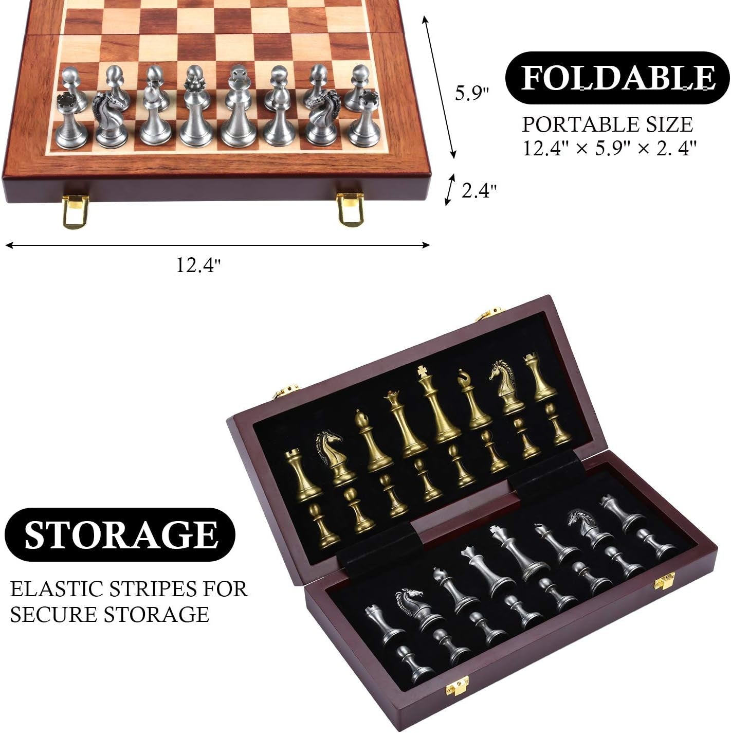 Metal Chess Board Game for Adults and Kids - Wooden Folding Travel Chess Board with Metal Pieces - Ideal for Beginners and Professional Players