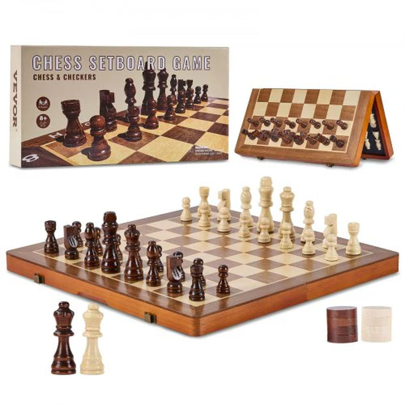 VEVOR Magnetic Wooden Chess Set, 15 Inch 2-IN-1 Chess Checkers Game Set, Folding Chess Board Games for Adults Kids, 2 Queens Portable Travel Gift Chess Set for Tournament Professional Beginner