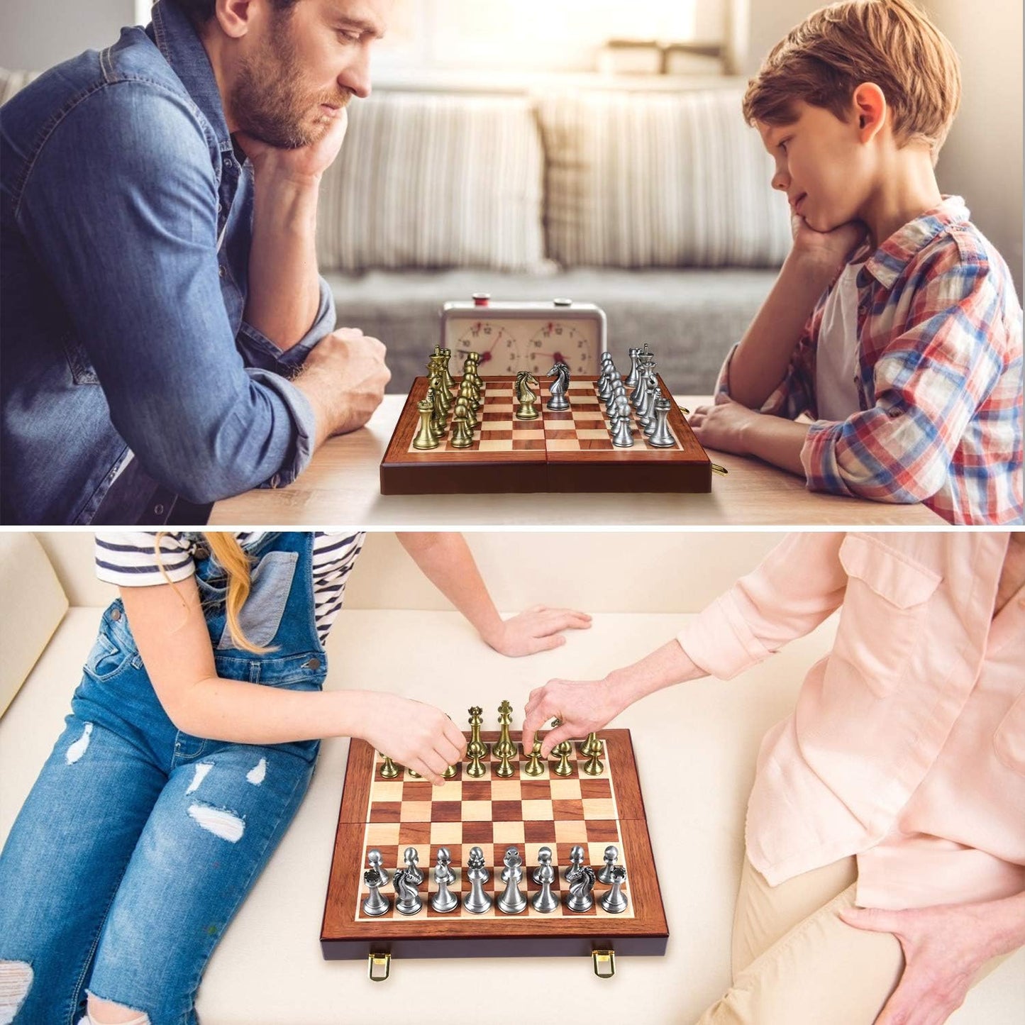 Metal Chess Board Game for Adults and Kids - Wooden Folding Travel Chess Board with Metal Pieces - Ideal for Beginners and Professional Players