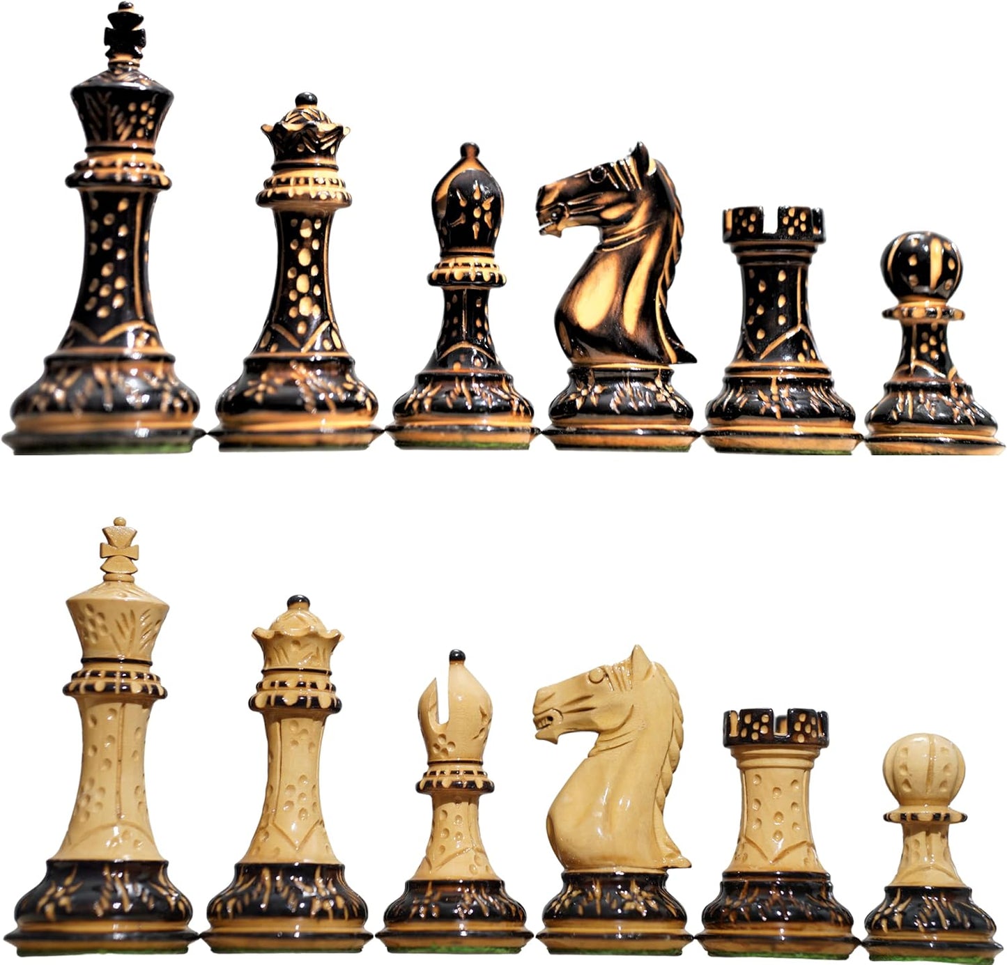 Staunton Style Chess Set - Hand Carved Burnt Style British Staunton Tournament Series Chess Pieces - Wood with Extra Queen