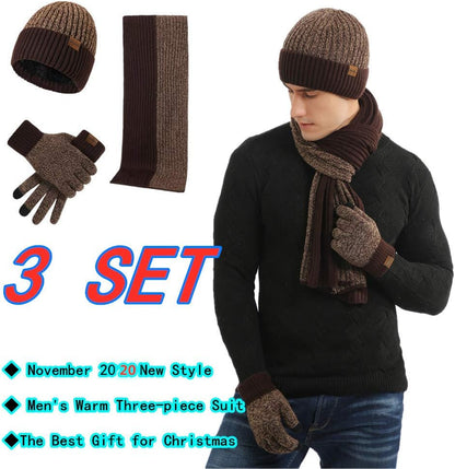 Mens Winter Scarf Hats and Gloves Set Knit Beanie Hat Warmer Scarfs and Touchscreen Glove 3 Pcs for Men