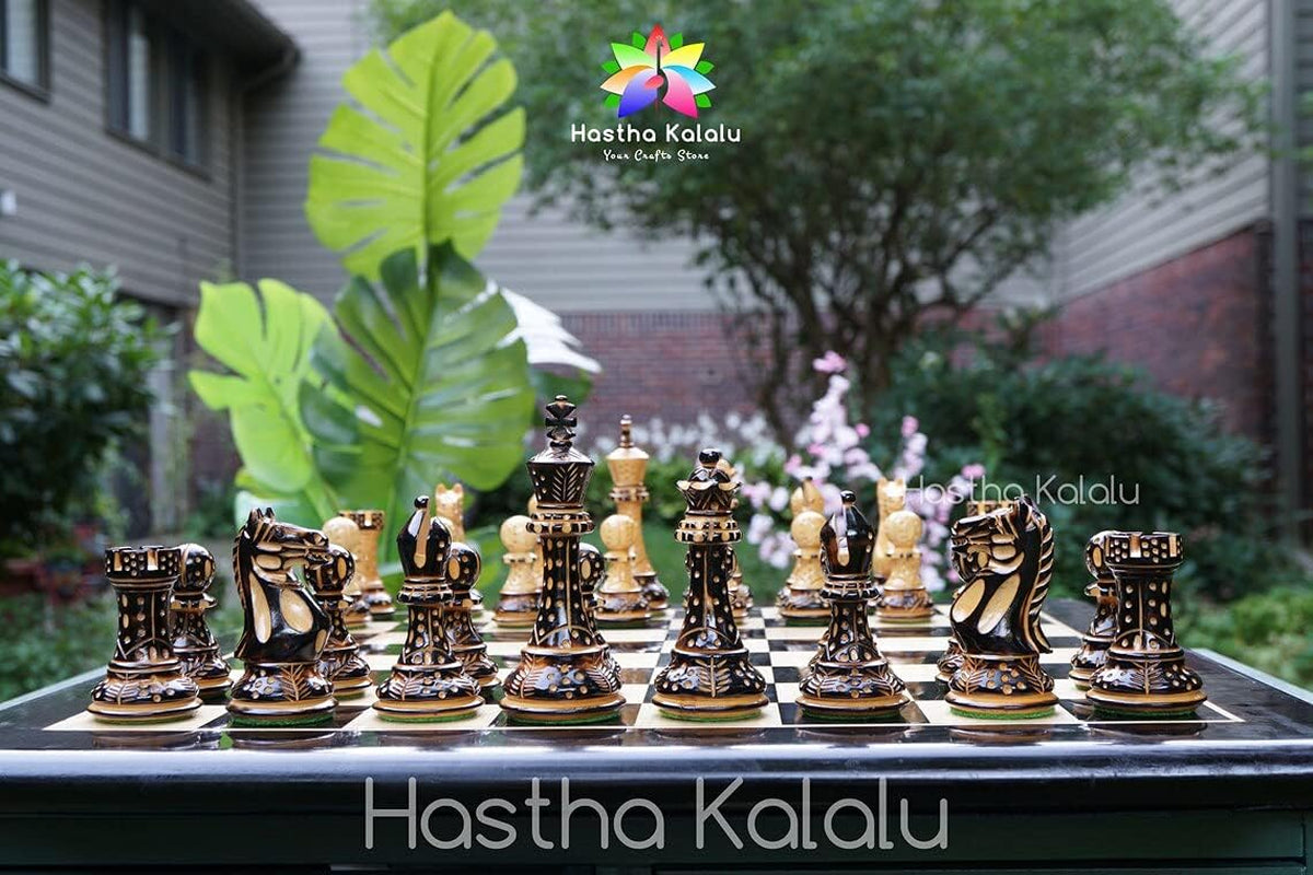 Staunton Style Chess Set - Hand Carved Burnt Style British Staunton Tournament Series Chess Pieces - Wood with Extra Queen