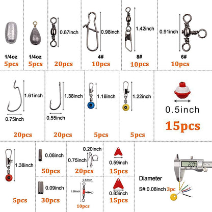 Fishing Accessories Tackle Kit Box-Sinker Weights, Crossline Barrel Swivel, Swivel Snap, Hooks, Sinker Slides, Fishing Bead with Tackle Box