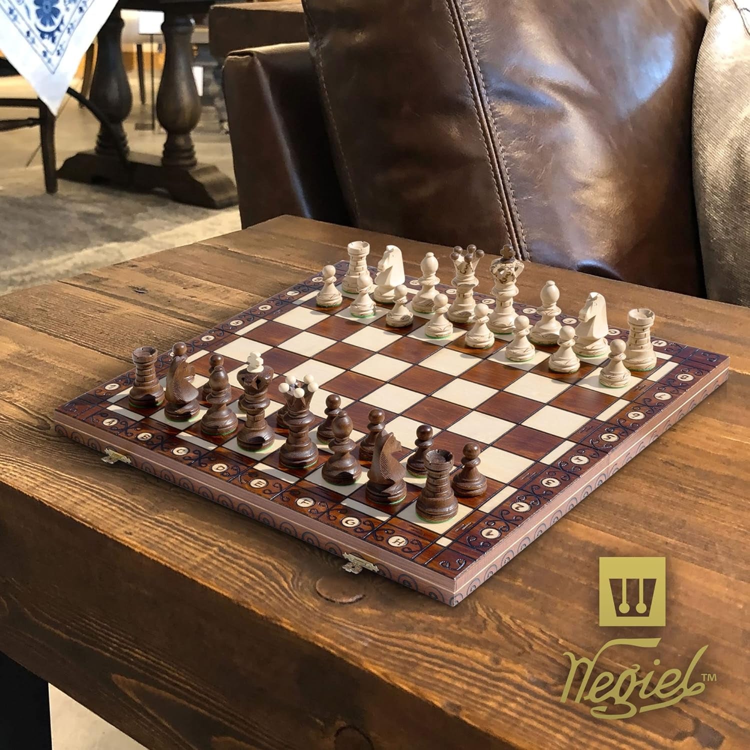 Handmade European Ambassador Chess Set - Wooden 21 Inch Beech & Birch Board with Felt Base - Carved Hornbeam & Sycamore Wood Chess Pieces