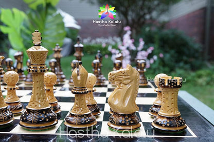 Staunton Style Chess Set - Hand Carved Burnt Style British Staunton Tournament Series Chess Pieces - Wood with Extra Queen