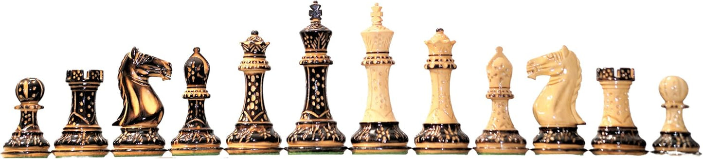 Staunton Style Chess Set - Hand Carved Burnt Style British Staunton Tournament Series Chess Pieces - Wood with Extra Queen