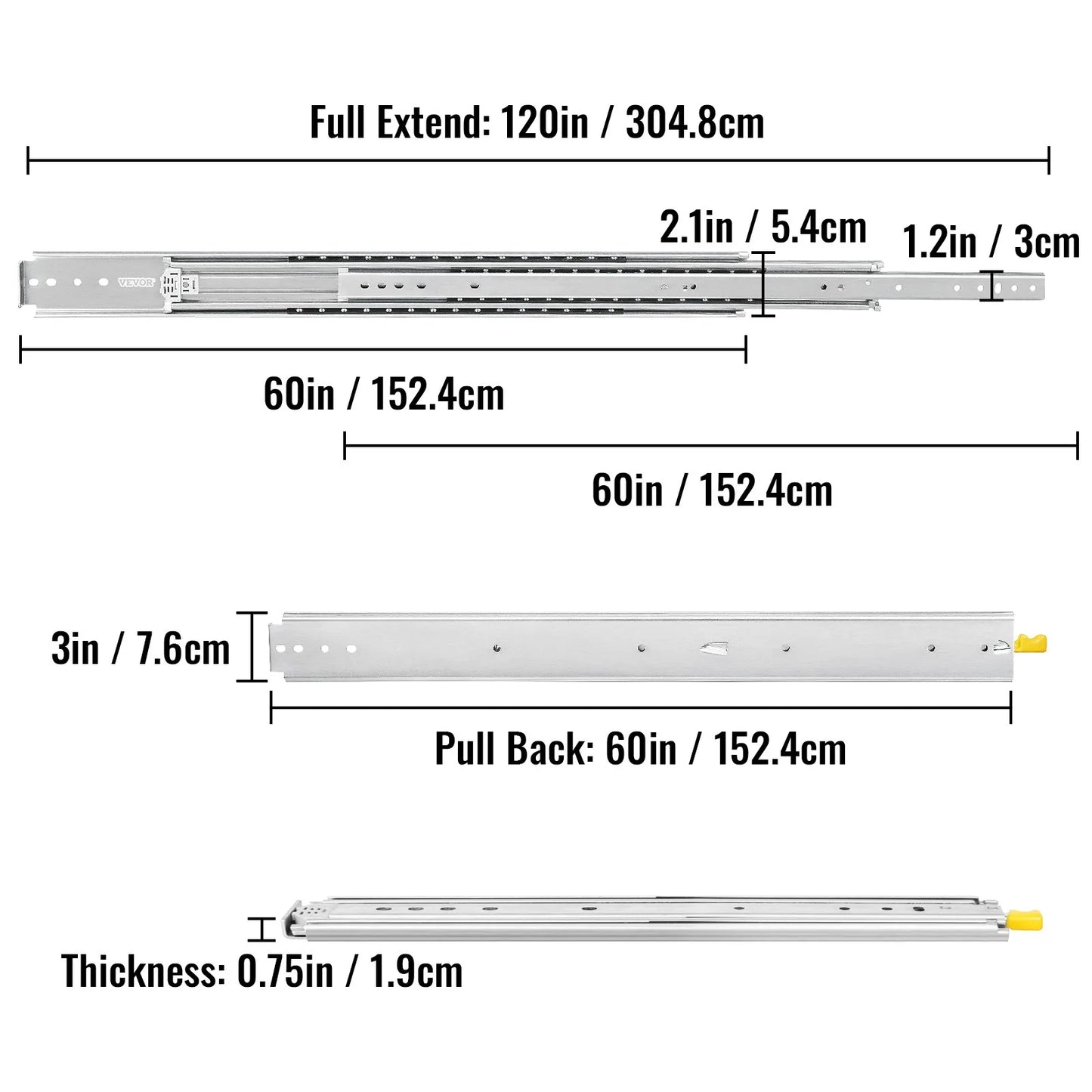 VEVOR Heavy Duty Drawer Slides 60 Length, Locking Drawer Slides 500Lbs Load Capacity Long Full Extension Drawer Slide 1 Pair Side Mount Ball Bearing Drawer Glides Push to Open Drawer Runners Rail