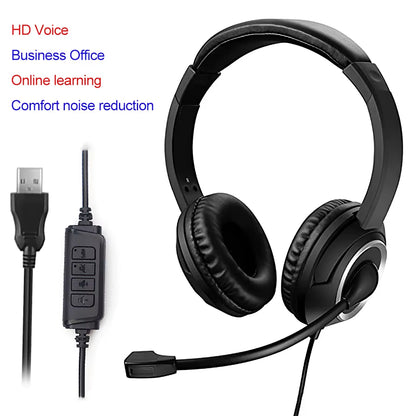 Wired USB Headset Call Center Headphones with Microphone Noise Cancelling over Gaming Over-Ear Headsets for Computer PC Laptop