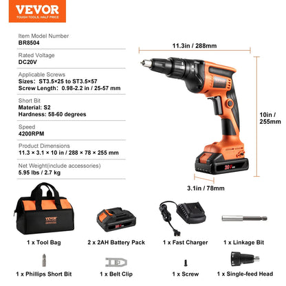 VEVOR Drywall Screw Gun, 20V Max Drywall Screwgun, 4200RPM Brushless Cordless Drywall Gun Kit with 2 Battery Packs, Charger, Belt Clip, and Tool Bag, Forward and Reverse Adjustable, Built-In LED Light