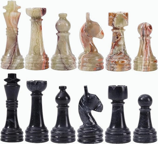 Marble Chess Pieces Black & Multi Green 3.5 Inch King Figures Handmade 32 Chess Figures - Suitable for 16-20 Inch Chess Game - Board Games