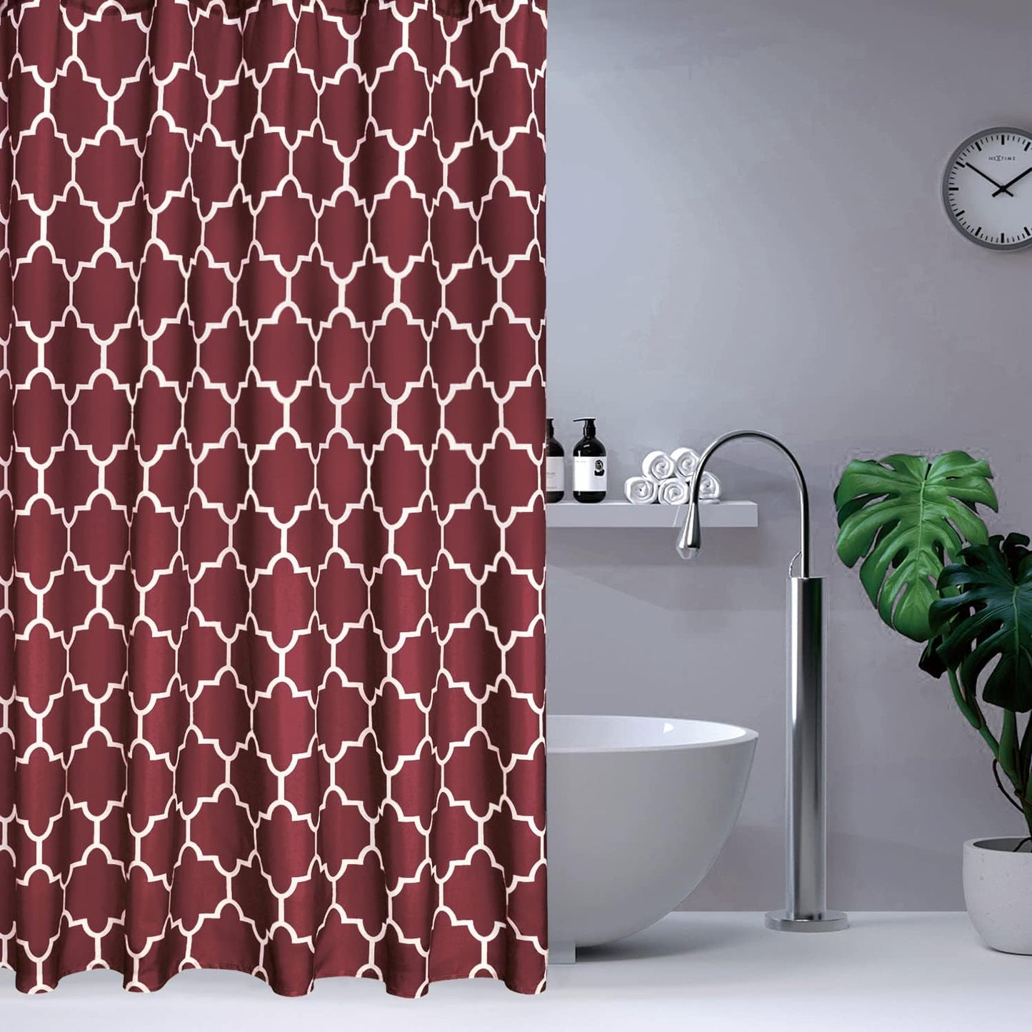 Geometric Shower Curtain for Bathroom - Fabric Textured Moroccan Waterproof Bathroom Curtain with 12 Hooks, 70 X 72 Inch Burgundy