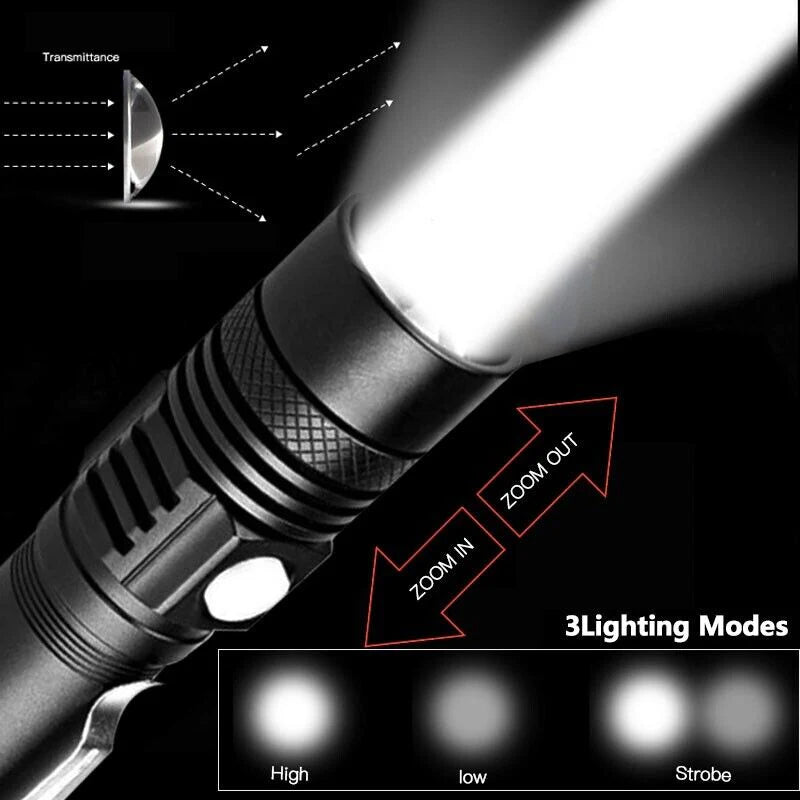 Super Bright 90000LM LED Tactical Flashlight Zoomable with Rechargeable Battery