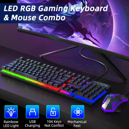 Wired Gaming Keyboard & Mouse Combo, RGB Backlit Mechanical Feel Gaming Keyboard Mouse W/ Multimedia Keys, Anti-Ghosting Keys, Spill-Resistant for Windows PC Gamers Desktop Computer Laptop