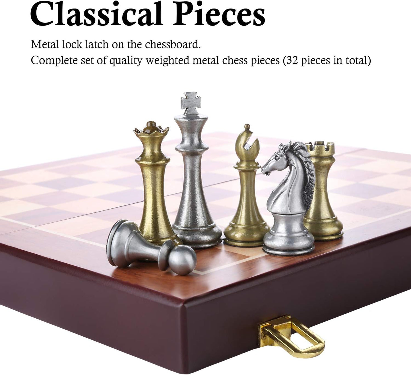 Metal Chess Board Game for Adults and Kids - Wooden Folding Travel Chess Board with Metal Pieces - Ideal for Beginners and Professional Players