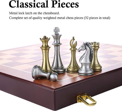 Metal Chess Board Game for Adults and Kids - Wooden Folding Travel Chess Board with Metal Pieces - Ideal for Beginners and Professional Players