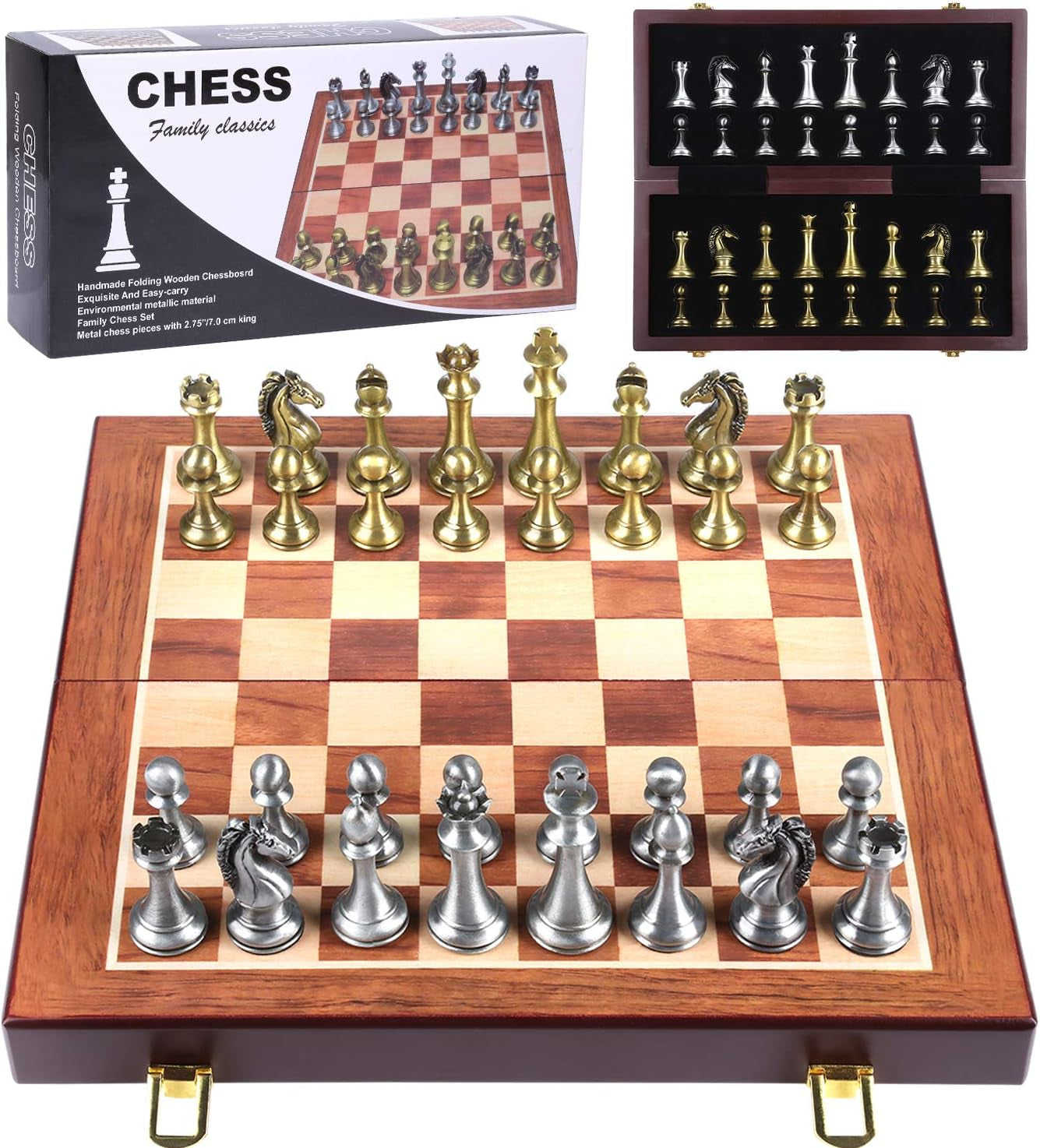 Metal Chess Board Game for Adults and Kids - Wooden Folding Travel Chess Board with Metal Pieces - Ideal for Beginners and Professional Players