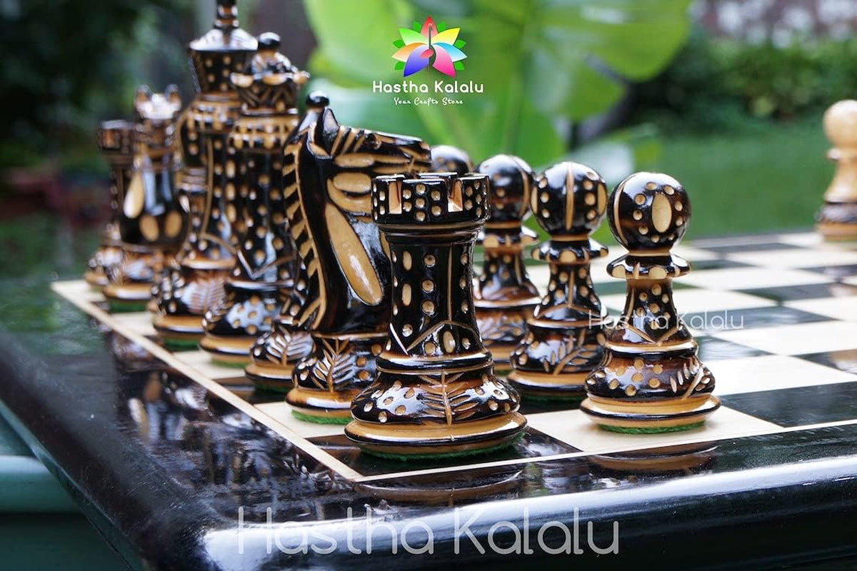 Staunton Style Chess Set - Hand Carved Burnt Style British Staunton Tournament Series Chess Pieces - Wood with Extra Queen