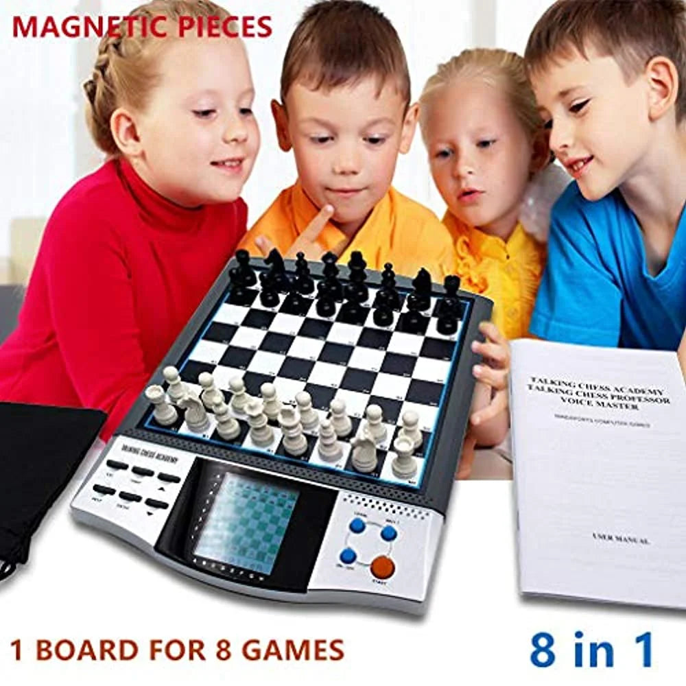 Magnet Chess Sets Board Game, Electronics Travel Talking Checkers Master Pro 8 in 1, Portable Chessboard Tournament for Kids and Adults