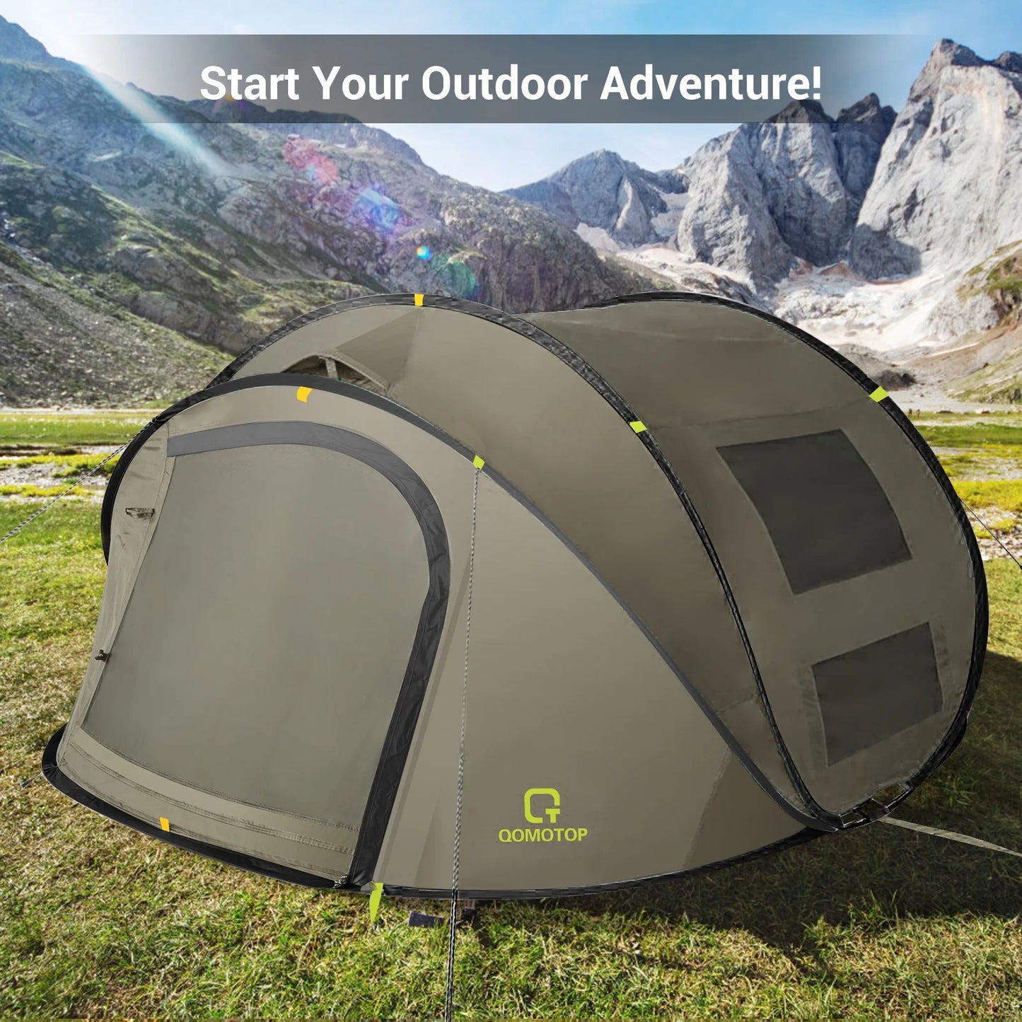 Instant Tent 4-Person Camp Tent, Automatic Setup Pop up Tent, Waterproof, Huge Side Screen Windows, Green