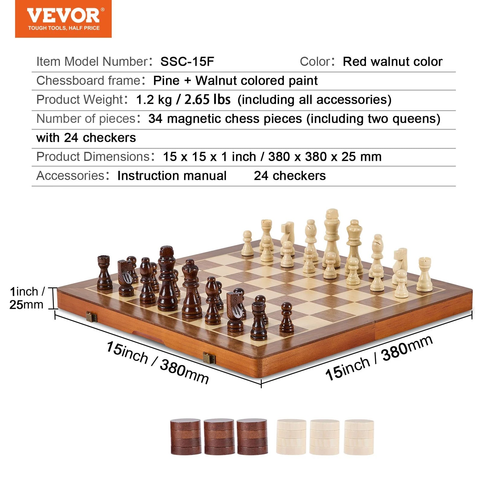 VEVOR Magnetic Wooden Chess Set, 15 Inch 2-IN-1 Chess Checkers Game Set, Folding Chess Board Games for Adults Kids, 2 Queens Portable Travel Gift Chess Set for Tournament Professional Beginner